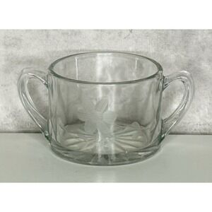 Vintage Heisy Revere Round Double Handle Glass Sugar Bowl Etched Floral 4" X 5"